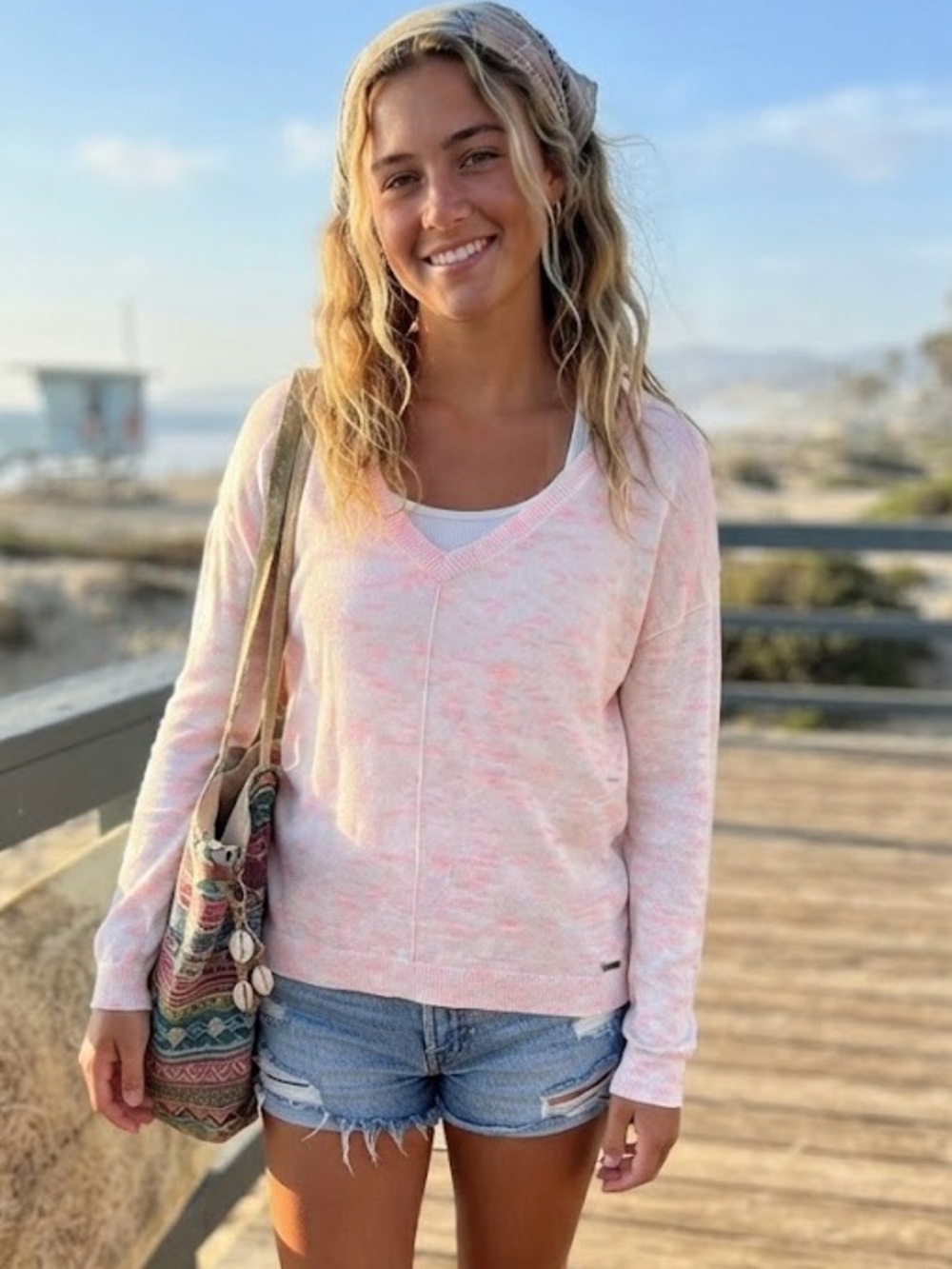 Roxy Cream White Neon Pink Marled V-Neck Lightweight Sweater Surf Beach Swim